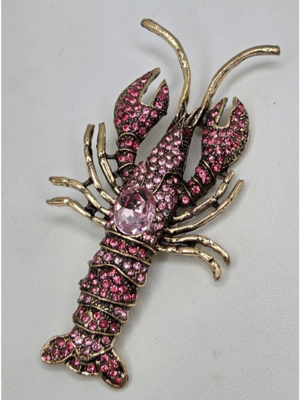 Rhinestone Lobster Brooch  With Gold-Tone Metal & Pink Crystals Statement